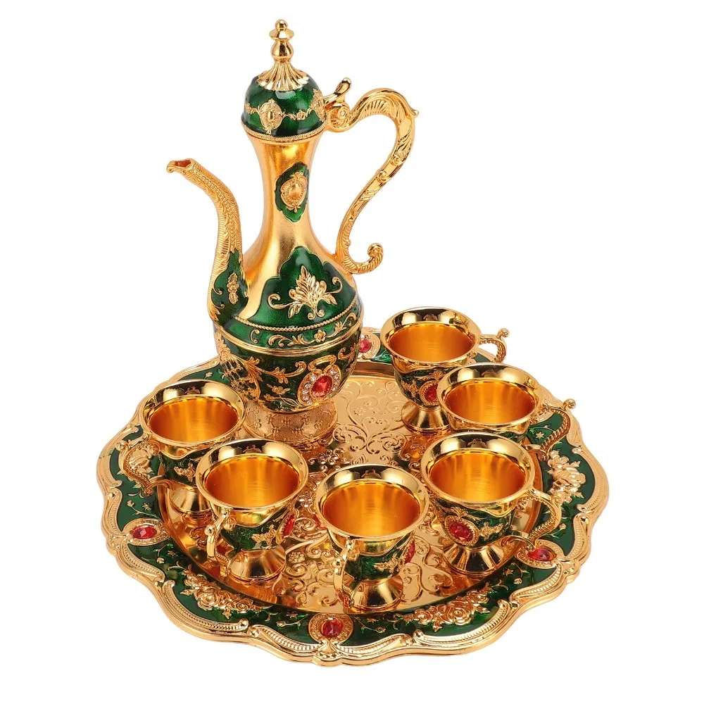 8PCS With 6 Cups Coffee Pot Set Gold Green Zinc Alloy Teapot Tea Service Set With Tray Gold Blue Turkish Tea Set For Birthday view 2