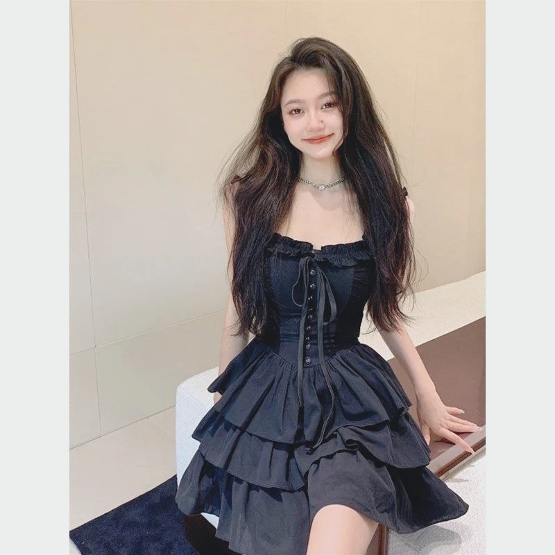 

Pure Desire Small Fragrant Style Black Suspender Dress Women's Summer Design Feeling Ruffle Edge French Cake Skirt Spice Girl