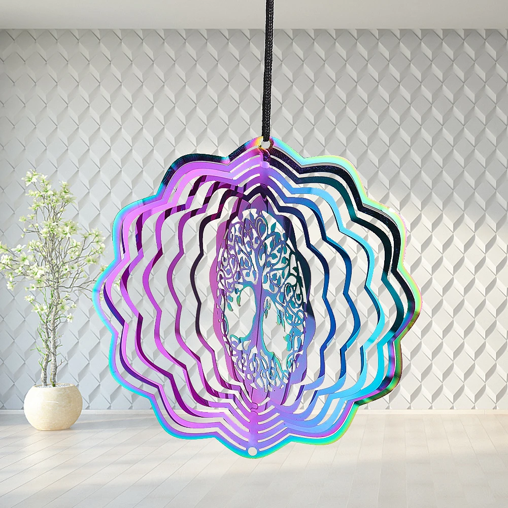 Gradient Color Wind Spinner Tree of Life Rotating Hanging 3D Mirror Wind Chimes Catcher Attachment Bird Deterrent Garden Decor