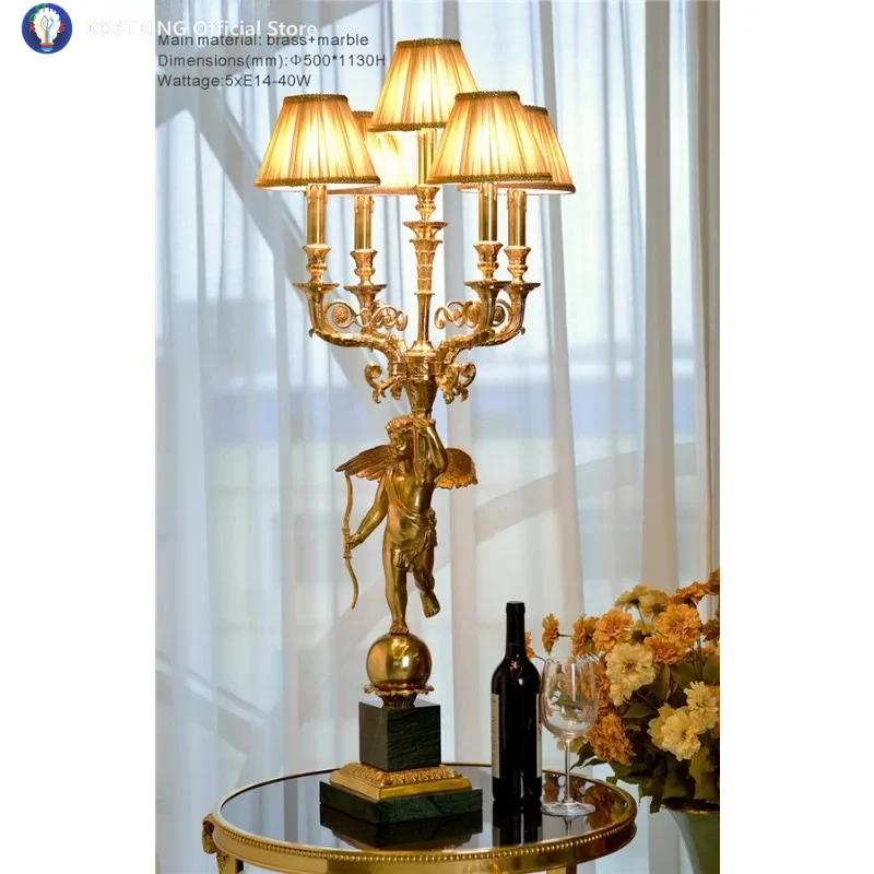 Luxury Cast Bronze Corner Sculpture And Green Marble Bottom Candle Inlaid Table Lamp For Console Side Table Lamp Lighting