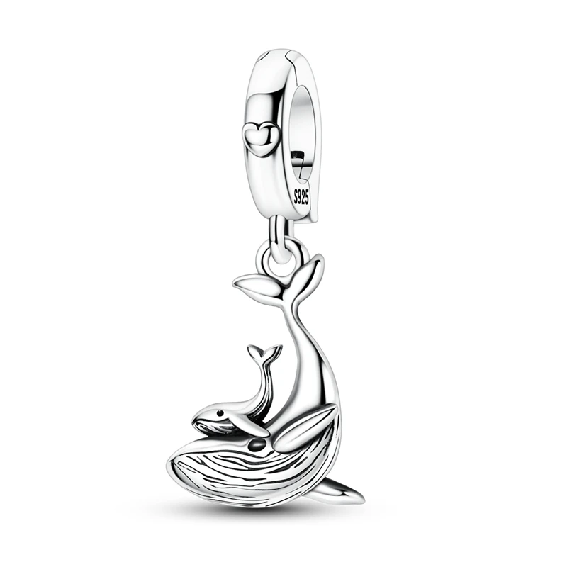 925 Sterling Silver Charms Bead Zircon Mother and Calf Humpback Whale Dangle Fit Original Bracelet Women Jewelry Gift