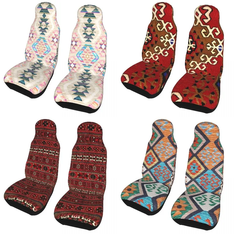 Woven Textured Pastel Kilim Pattern Car Seat Covers Fit Any Car Van RV SUV 3D Print Turkish Ethnic Art Auto Seat Cover 2 Pieces