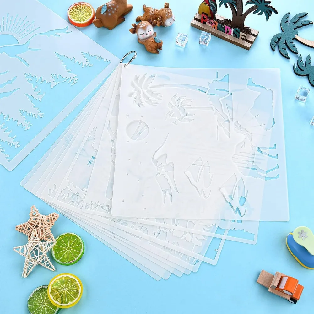 9 pieces Forest landscape template Mountain River template Metal open loop reusable humanity template