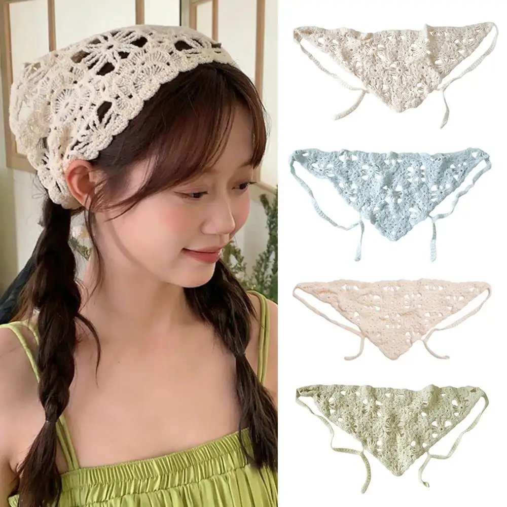 

Travel Photo Hair Accessories French Pastoral Style Triangle Headband Hollow Out Knitted Headscarf Handmade Crochet Hair Scarf