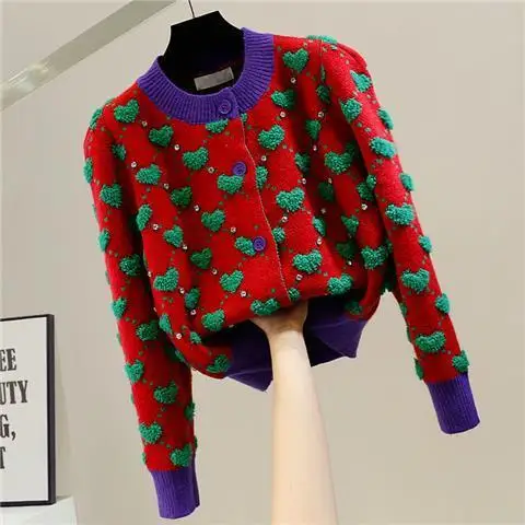 Autumn Winter Fashion Patchwork Diamonds Knitting O-neck Long Sleeve Cardigan Female All-match Buttons Embroidered Sweater Tops