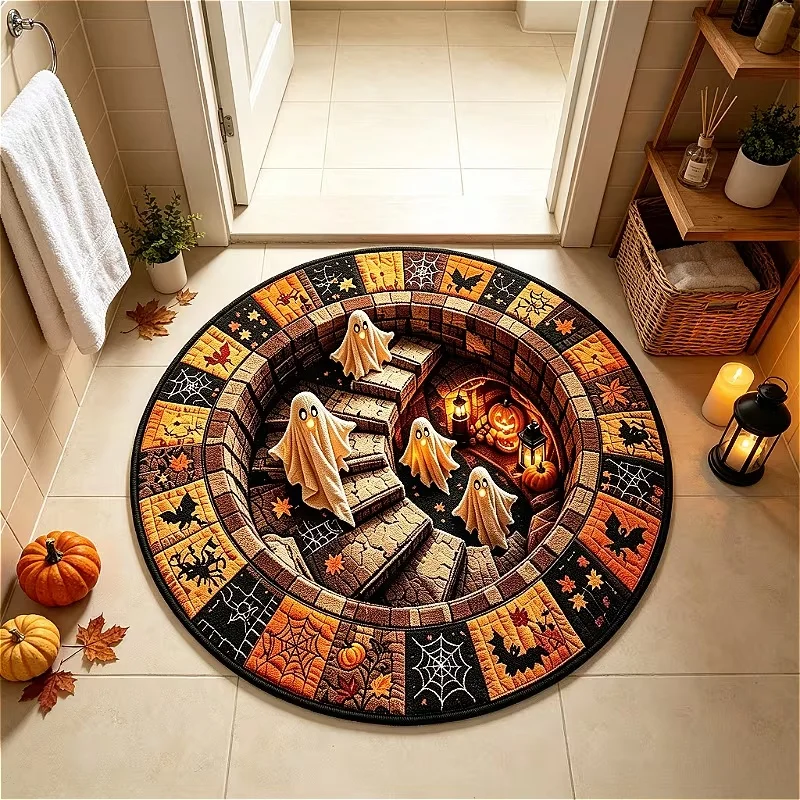 3D Illusion Ghost Vortex Round Floor Rug, Spooky Striped Ghost Print Circular Carpet, Purple Star Bat Halloween Decor Mat