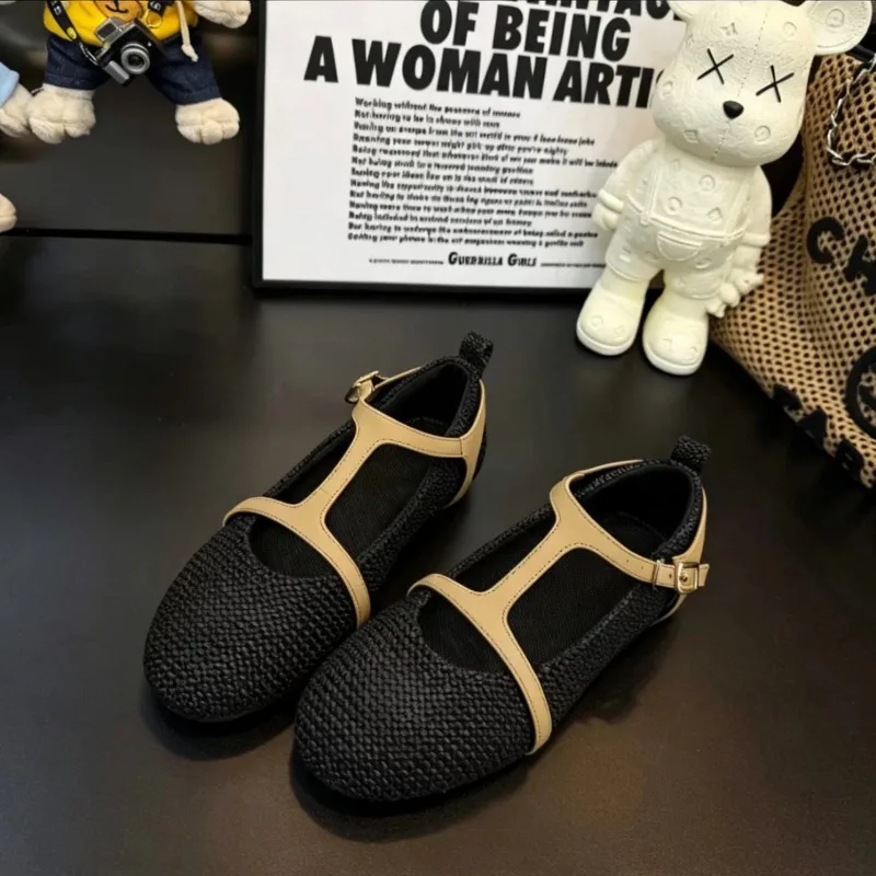 in Summer Wear Round Toe Straight Buckles Casual and Comfortable Women's Flats Cut-out Mary Jane Single Shoes,fishnet Shoes