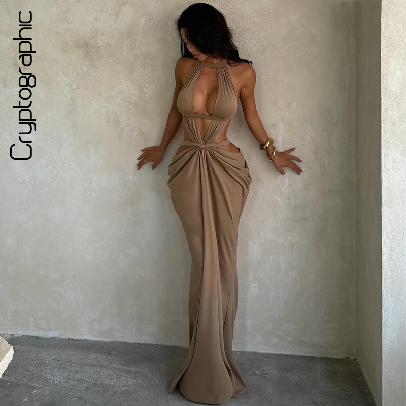 

Halter Cut-Out Draped Super-Cut Back Bare Elegant Party Maxi Dress Waistless Backless Sleeveless Khaki Evening Prom Long Dress