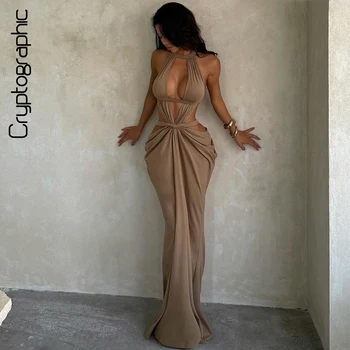 Halter Cut-Out Draped Super-Cut Back Bare Elegant Party Maxi Dress Waistless Backless…