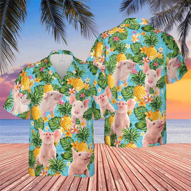 Men\'s Hawaii Summer Pig Alpaca 3d Print Casual Shirts Hawaiian Beach Animal Pattern Funny Short Sleeve Camisa Cool Design Blouse