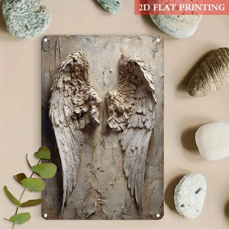 Vintage Angel Wings Metal Wall Decor Sign - Rustic Textured Feather Wall Art for Spiritual Home Bedroom - Divine Decorative