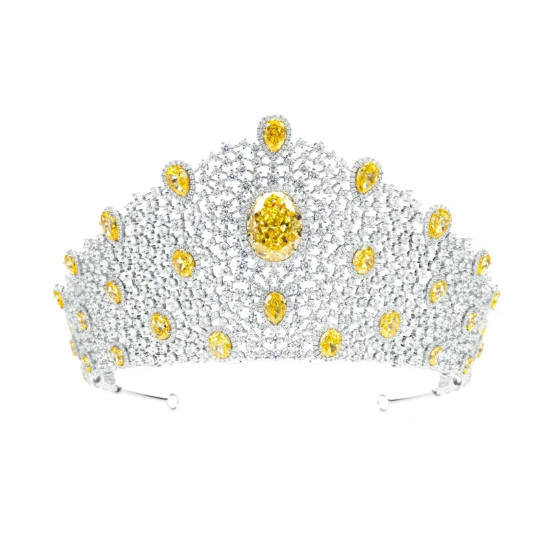 Bellux Heavy Workmanship Design Fancy Yellow Luxury Full Diamond Fine Banquet Artificial Gemstone Jewelry Crown