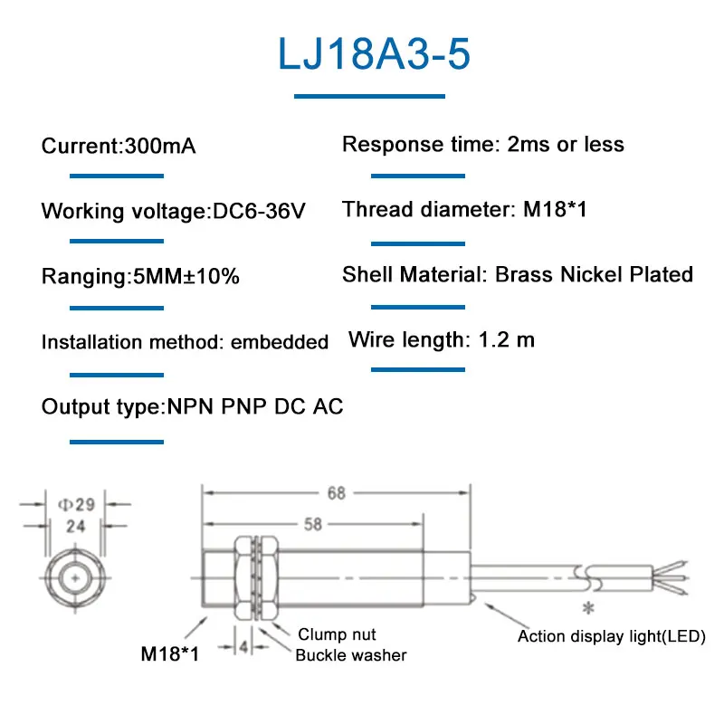 M18 5mm Sensing Distance Two Wires Three Wires NPN PNP NO NC DC 6-36V AC36V 90-250VMetal Induction Proximity Switch Sensor