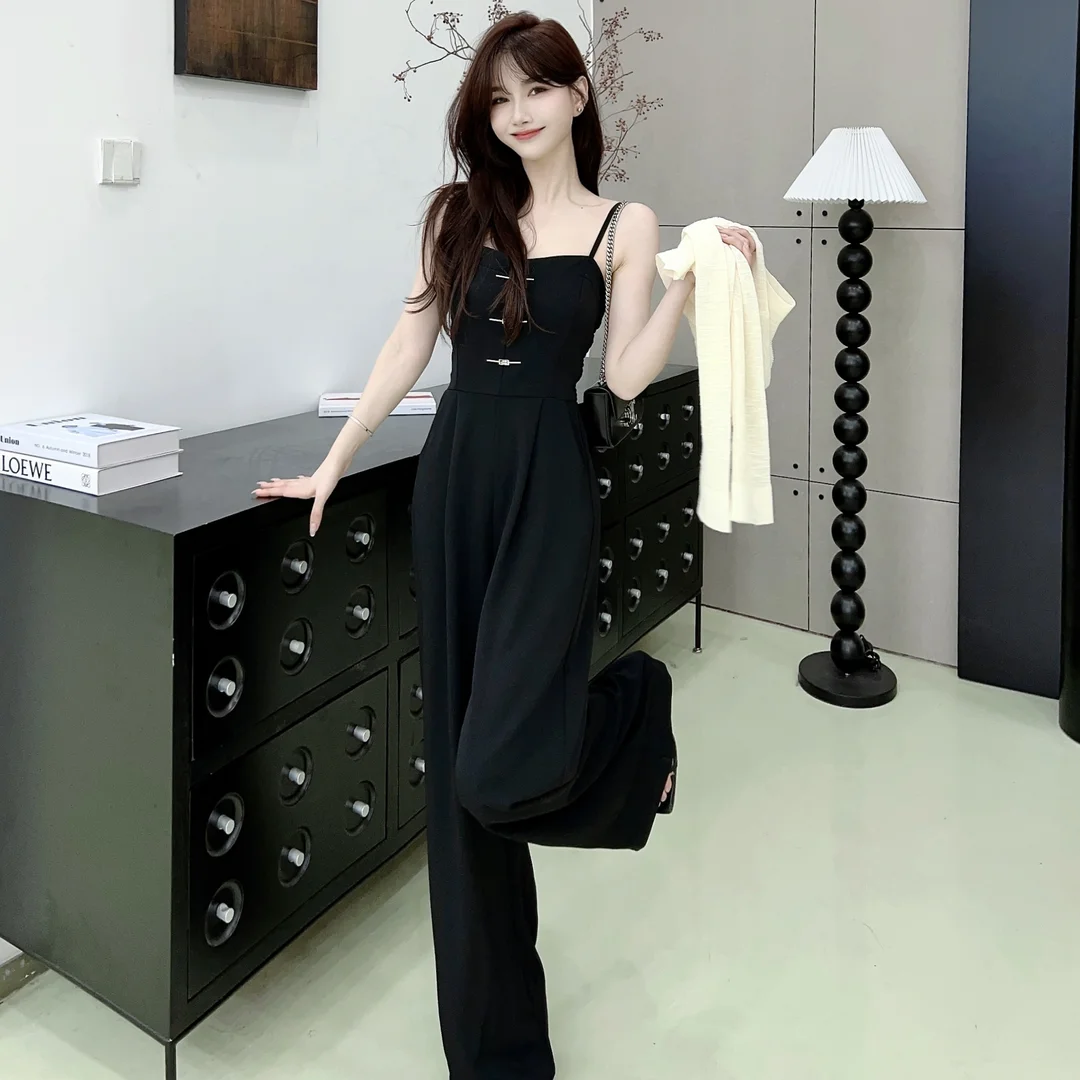 Black Jumpsuits Women Simple High Waist Straight Wide Leg Korean Style Elegant Office Ladies Temperament Commuting Summer OL