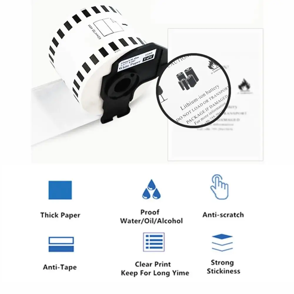 Carta termica da 62 mm * 30,48 m stampata chiaramente per stampante per etichette DK22205 Carta bianca Impermeabile Resistenza alla sfregamento Adesivo completamente vuoto