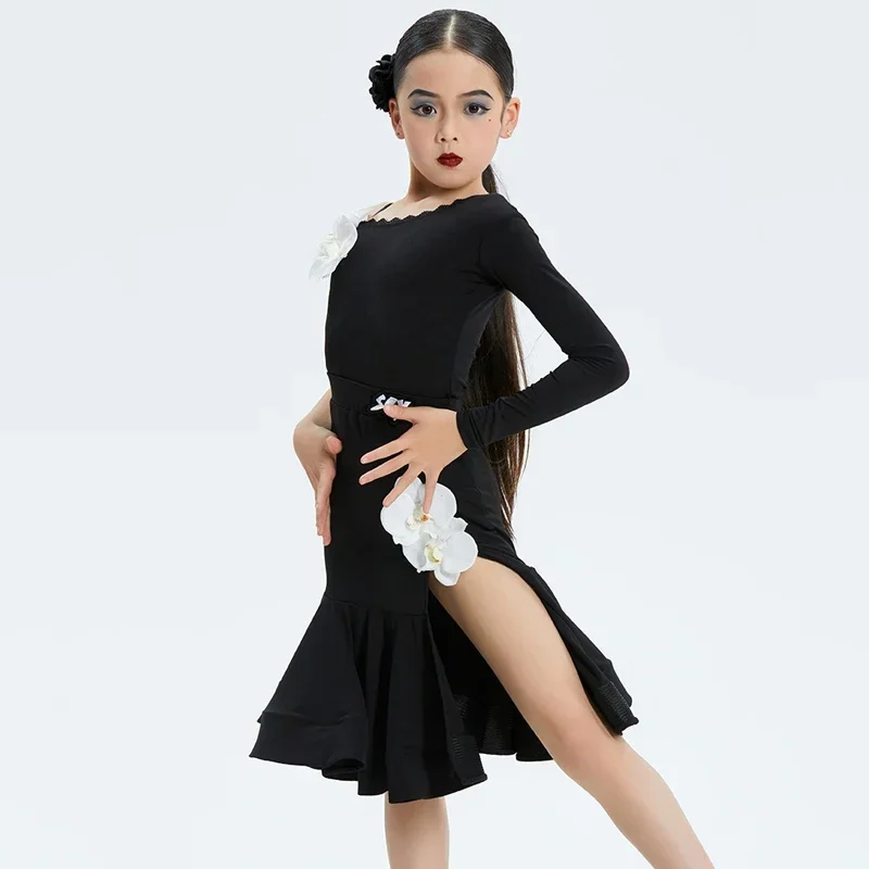 new National Standard Ballroom Dance Professional Dresses Girls Single Sleeve Latin Dance Costume Kids Dancing Wear XS6853