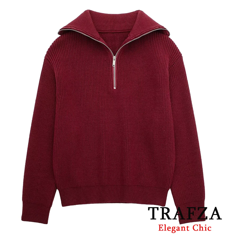 TRAFZA-Women Casual Knit Sweater Half-Zip Blended Burgundy Sweater New 2024 Fashion Fall Winter Christmas Festivities Sweater