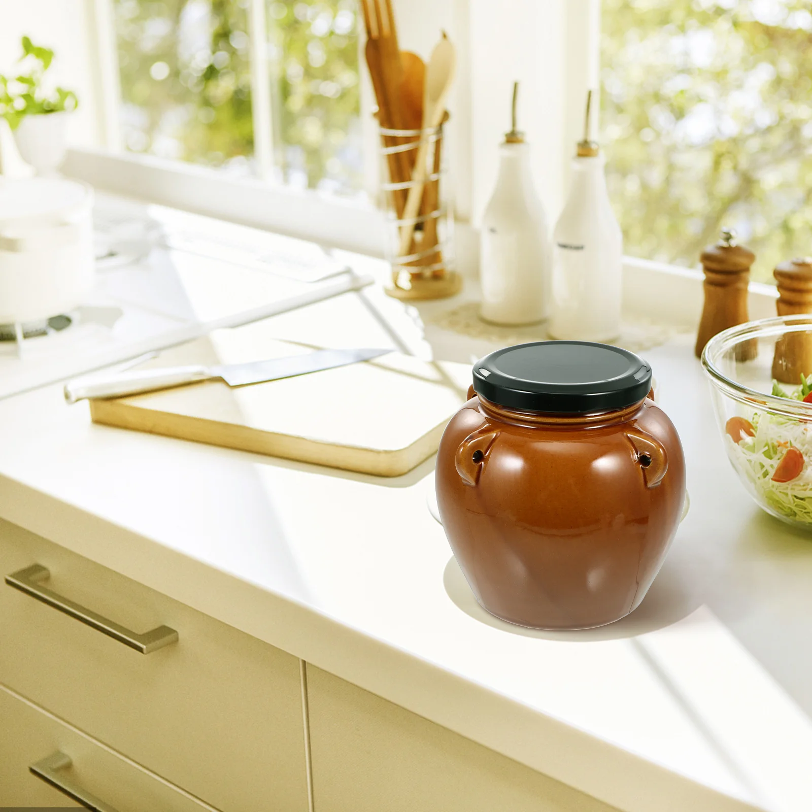 

Premium Ceramic Pickles Canister with Lid Heavy Duty Storage Pot for Jam Ketchup Preserves Canned Peaches Household Sealed