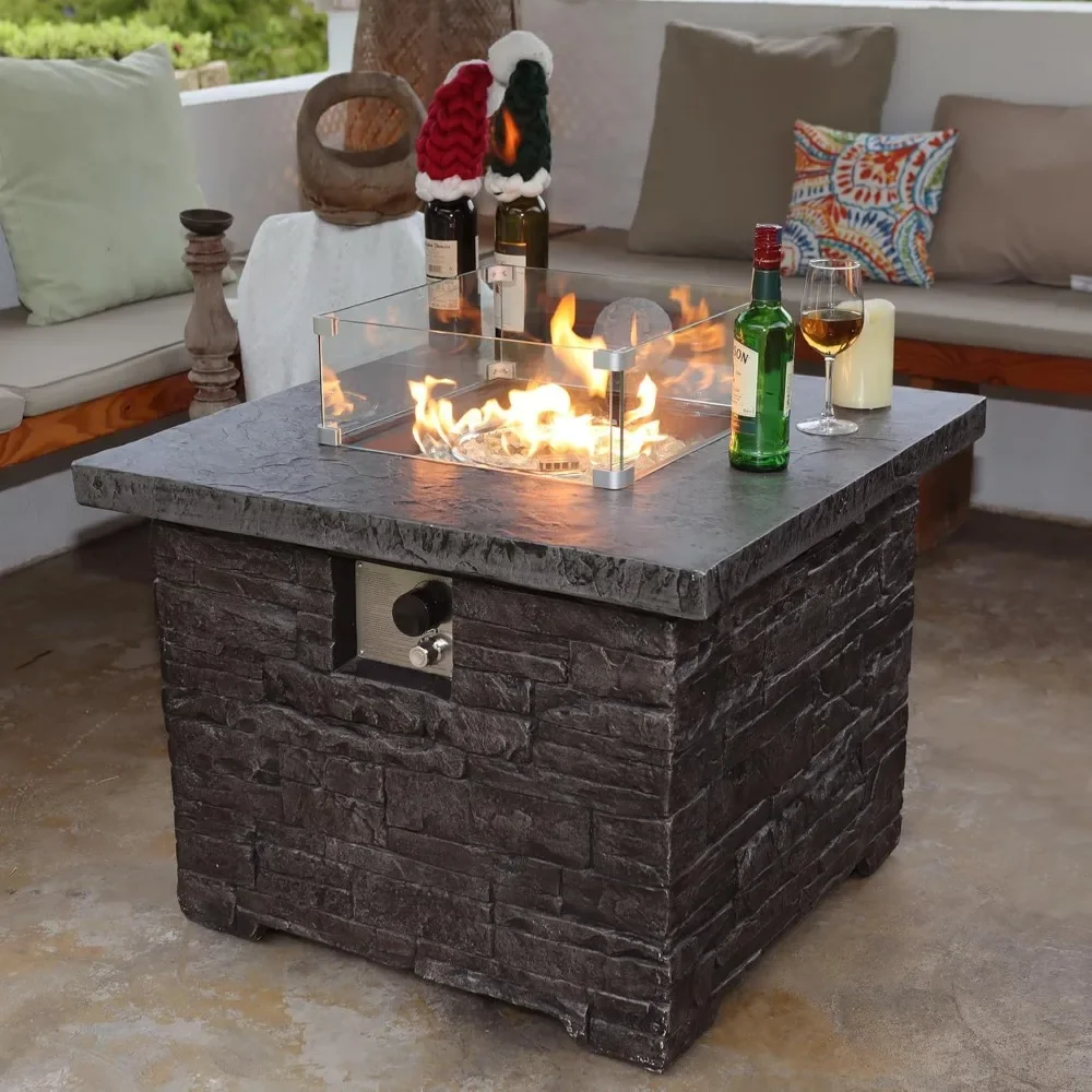 

32" Propane Fire Pit Table, 50,000 BTU W Glass Wind Guard, Fire Glass, Rain Cover, 2 Piece Stone Fire Table