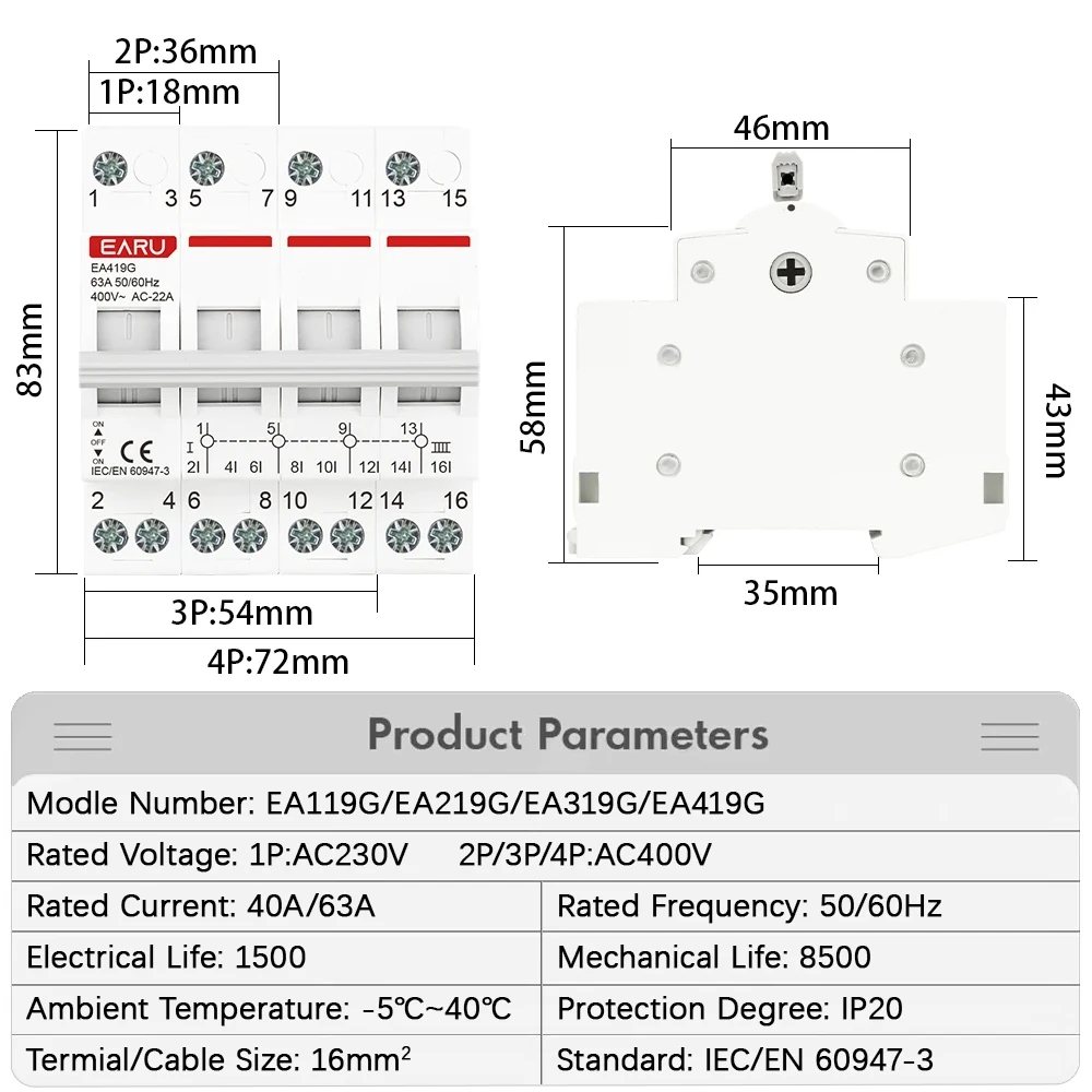 1P 2P 3P 4P 40A 63A Din Rail Modular MTS Dual Power Manual Transfer Switch AC Isolating Discounnecting Switch Circuit Breaker