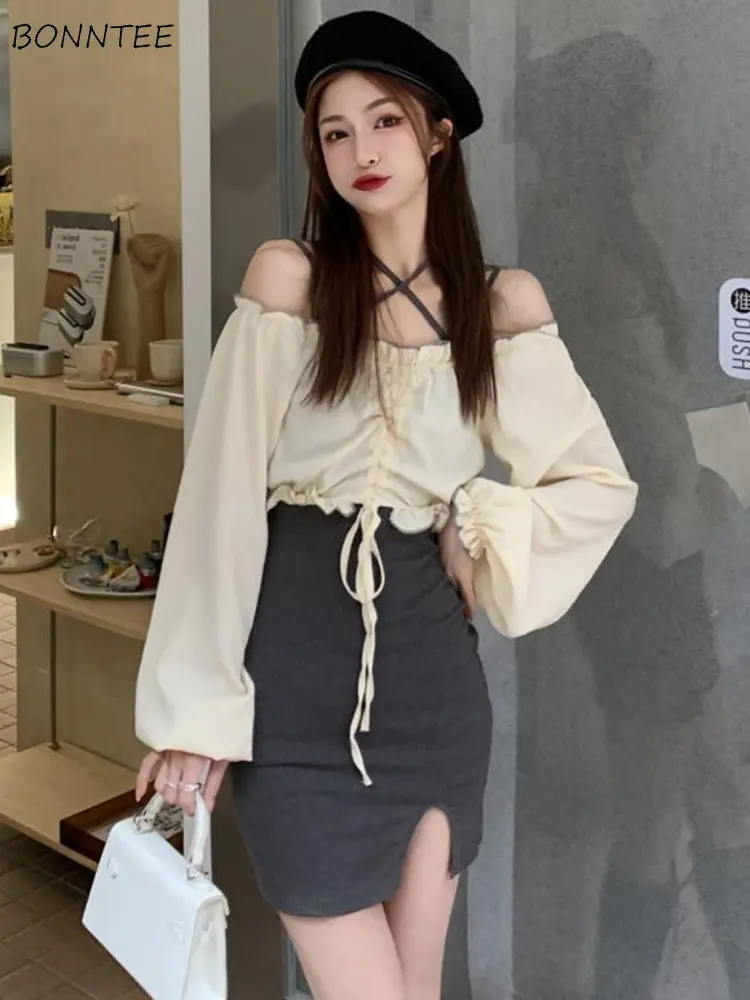 

Two Pieces Sets Women Shirring Outwear Sheath Dress Slash Neck College Side-slit Sexy Fashion Lace-up Korean Style Personality