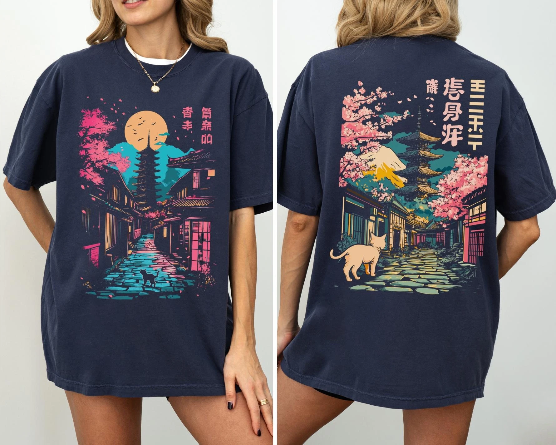 2026 Neon Retro Japanese Alley T-shirt Sakura Moon Street Scene Comfortable Breathable Short-sleeved