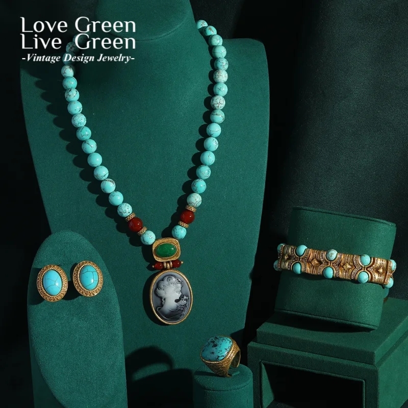 

European Bohemian Style Cameo Beauty Head Jewelry Sets For Woman Necklace And Earring Vintage Blue Natural Stone Beaded Antique