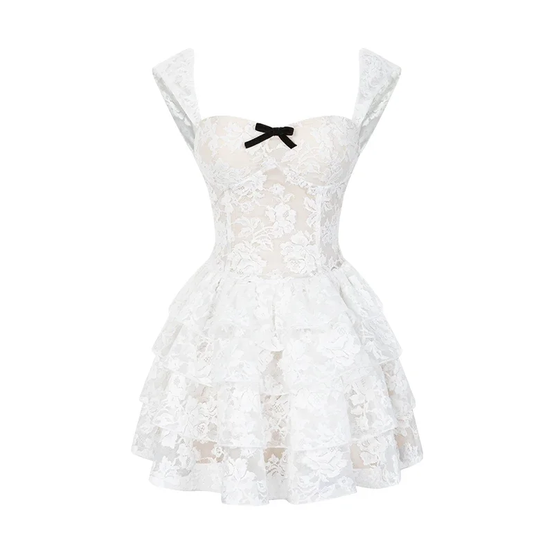 Vestido de noche de encaje esponjoso para niña francesa, falda Sexy y elegante, Vestidos de noche blancos para vacaciones con fecha, gran oferta, alta calidad