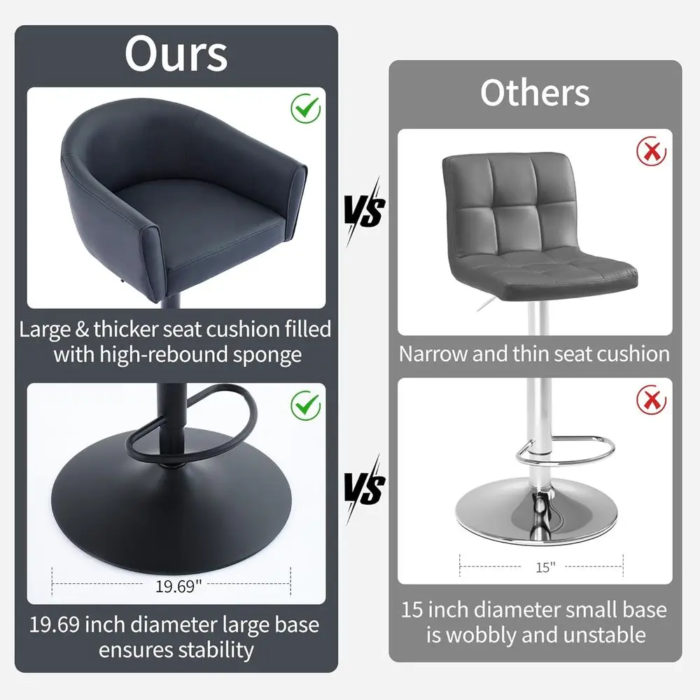 مجموعة من 4 مقاعد بار دوارة مع مسند للظهر ومساند للذراعين، وكراسي جلدية بارتفاع قابل للتعديل، 24-34 للاستخدام في المطبخ والعداد (