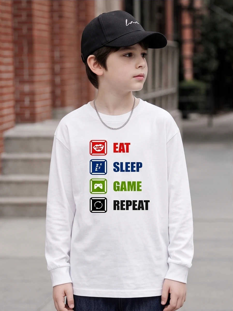 Teen Boys Cotton Long Sleeve T‑Shirt Eat Sleep Game Repeat Game‑Player Graphic Kids Daily Tees