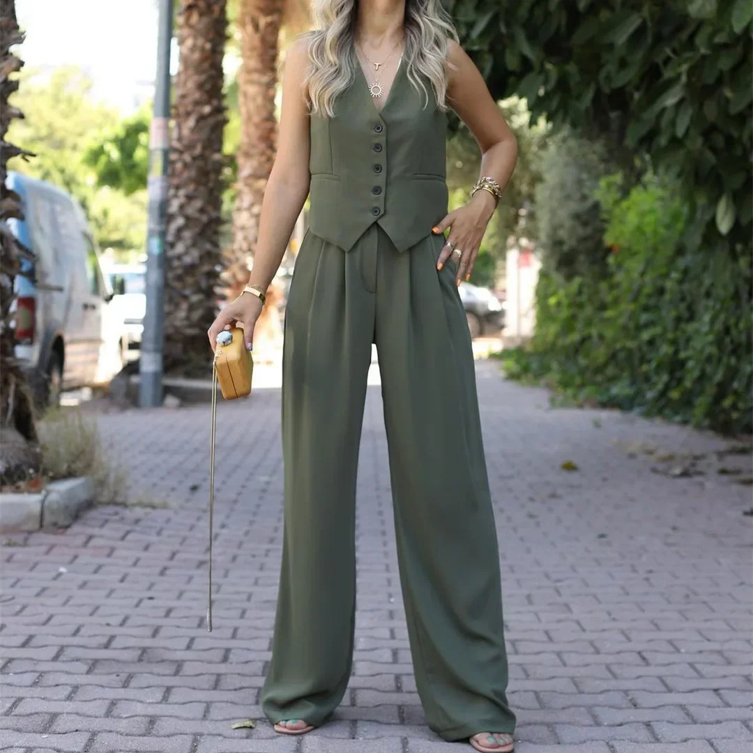 

Spring British Style Commute Lady Two Piece Vest Set V Neck Button Blazer Top+Wide Leg Pants Outfit Summer Sleeveless Women Suit