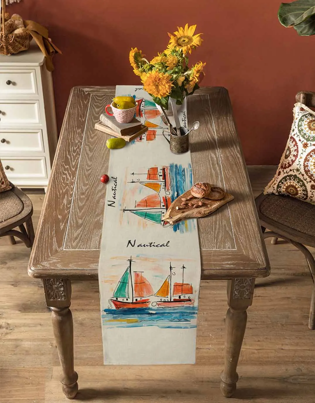 Graffiti Sailboat Sailing Table Runner Cotton Linen Wedding Table Decor Tablecloth Kitchen Decor Table Runner