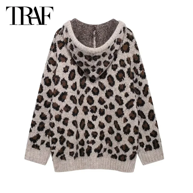 TRAF Women's Leopard Knitted Pullovers 2024 Warm Winter Hooded Coat Autumn Demi-Season Large Size Long Sleeve Sweater Outerwears