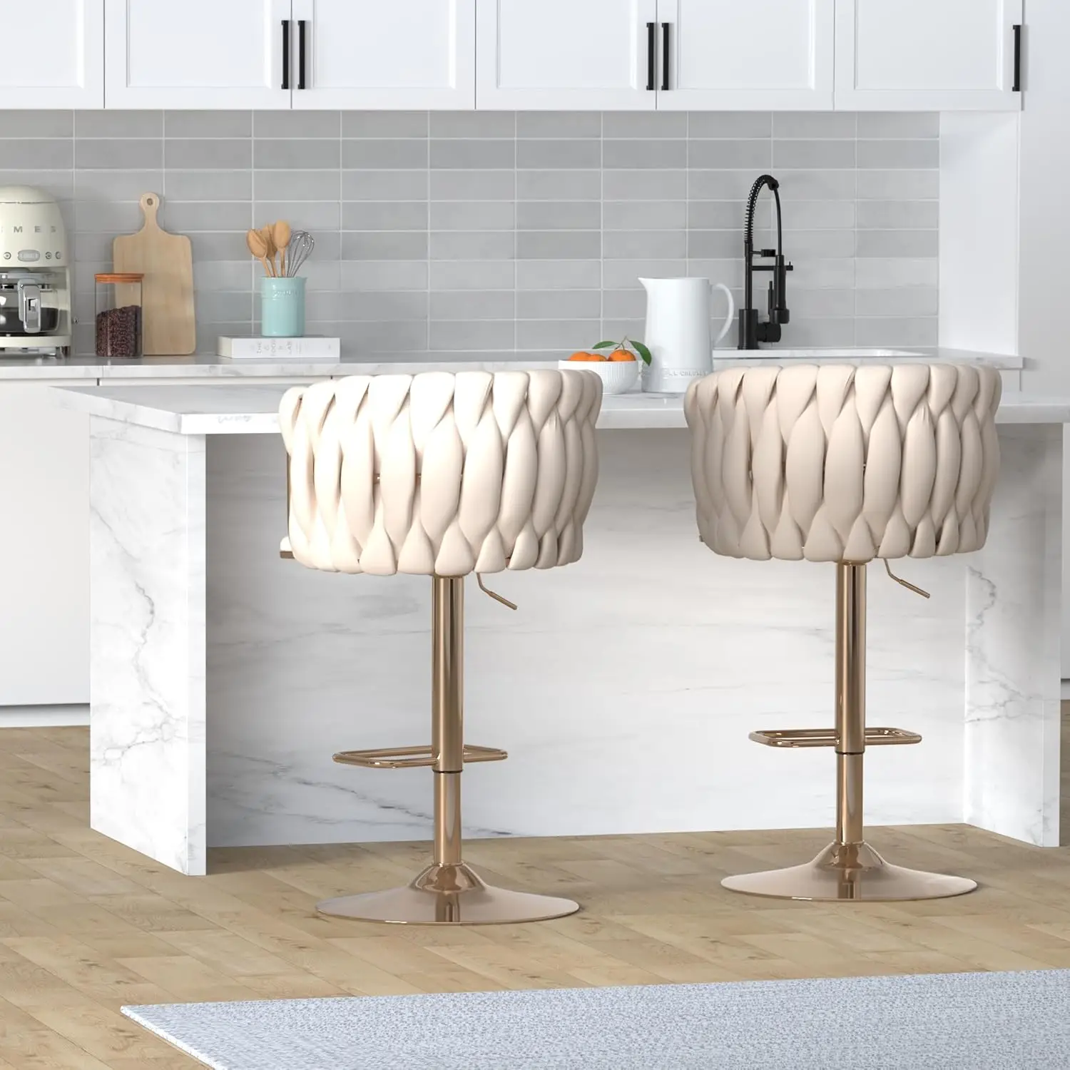 

360° Velvet Swivel Bar Stools Set， Adjustable Counter Height Bar Chairs with Woven Back & Footrest