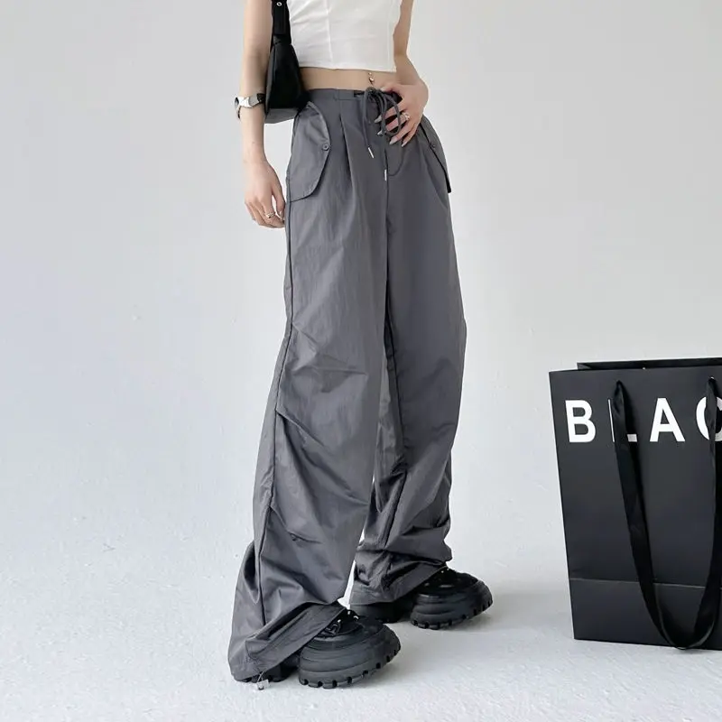 

New Autumn Fashion Trendy High Street Workwear Pants Women's Solid Loose Waist Drawstring Pockets Casual Loose Straight Trousers