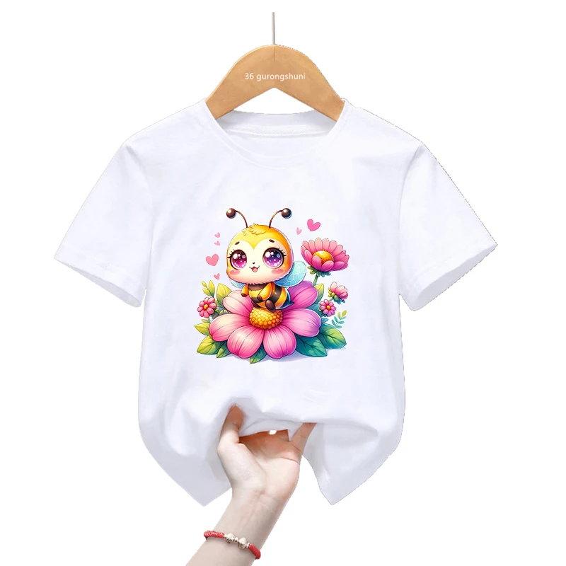 2024 Hot Sale Bee Crown Printed Tshirt Girls Kawaii Kids Clothes Funny White T Shirt Summer Short Sleeve T-Shirt