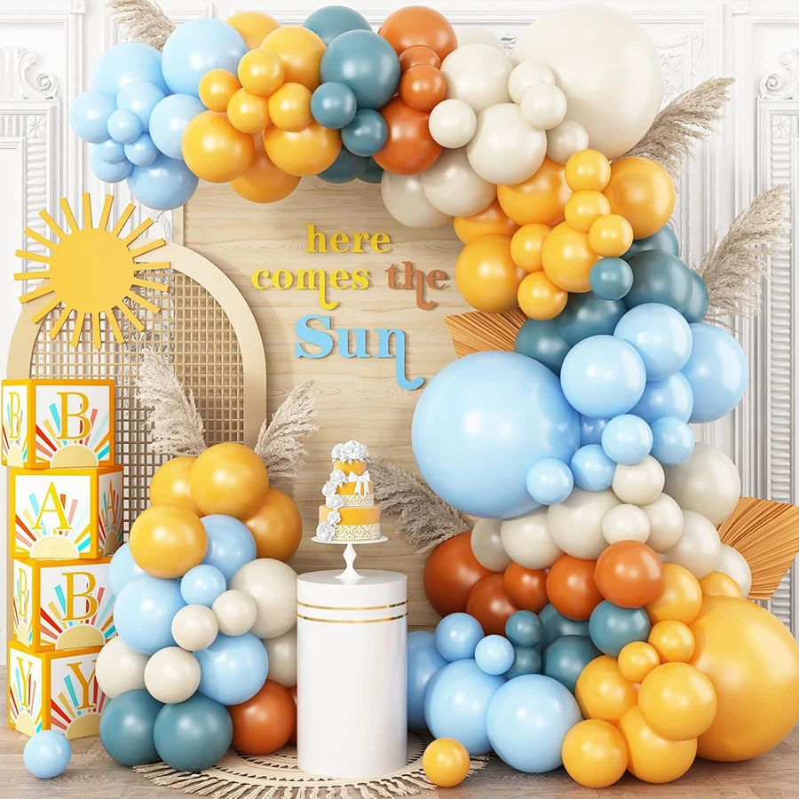 Kit de Arco de Globos de 141 Piezas en Azul, Naranja y Amarillo, con Diseño de 'Aquí Viene el Hijo', para Baby Shower, Primer Viaje al Redor del Sol, Decoración de Fiesta de Cumpleaños