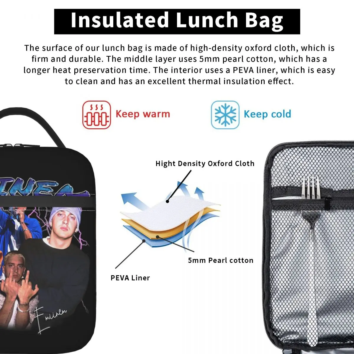 Eminem RAP Bootleg Merch Insulated Lunch Tote Bag For Travel Storage Food Boxes Portable Thermal Cooler Lunch Boxes