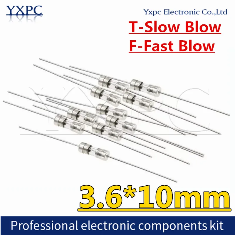10PCS 3.6*10mm Slow Blow Glass Tube Fuse Fast Break with Pin Assorted Amp Ratings 0.5A-10A 250V for Electrical Circuit Protectio