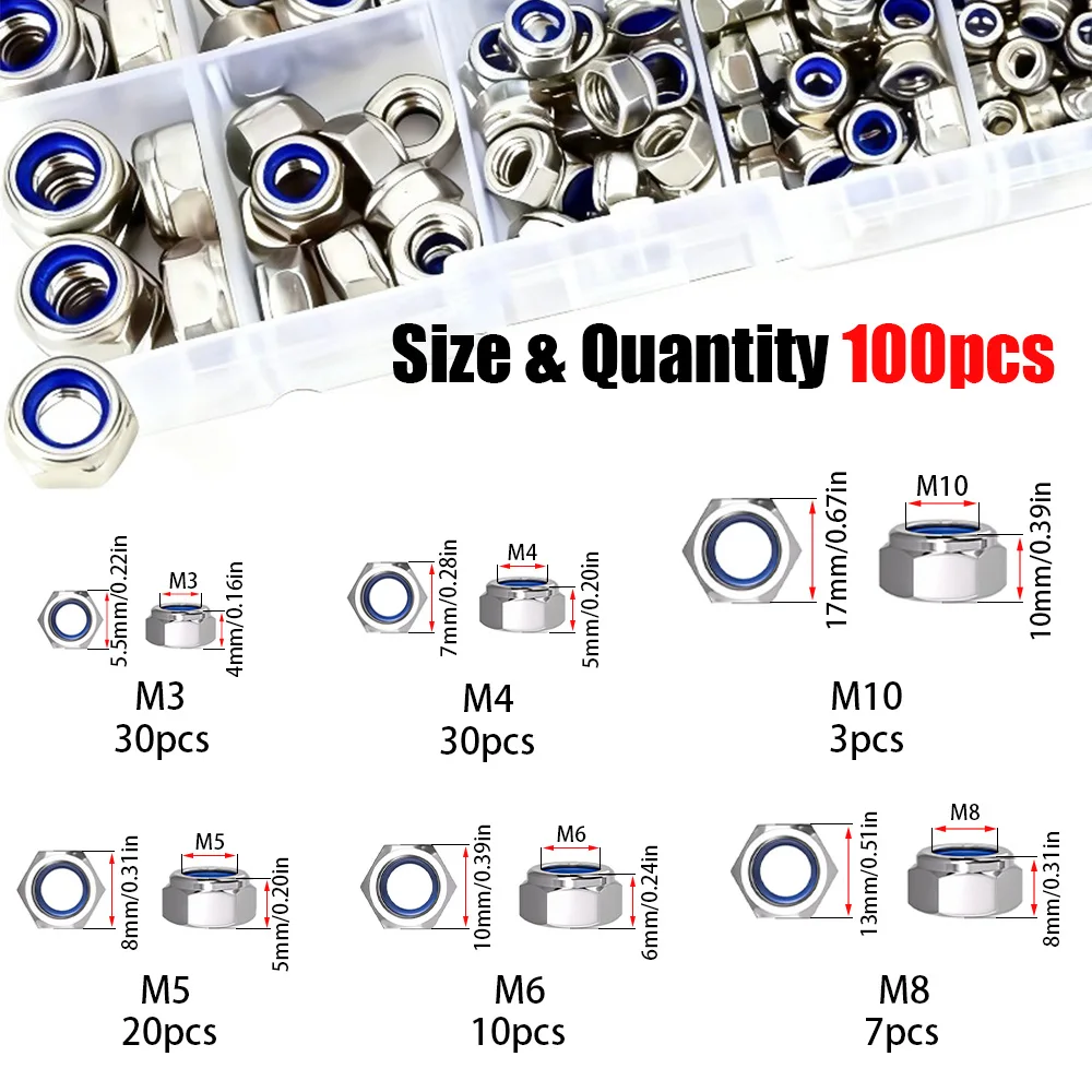 100 Pieces of Stainless Steel Nylon Anti-Slip Self-Locking Nuts M3-M10, Nylon Embedded Nuts, Hexagonal Screw Caps