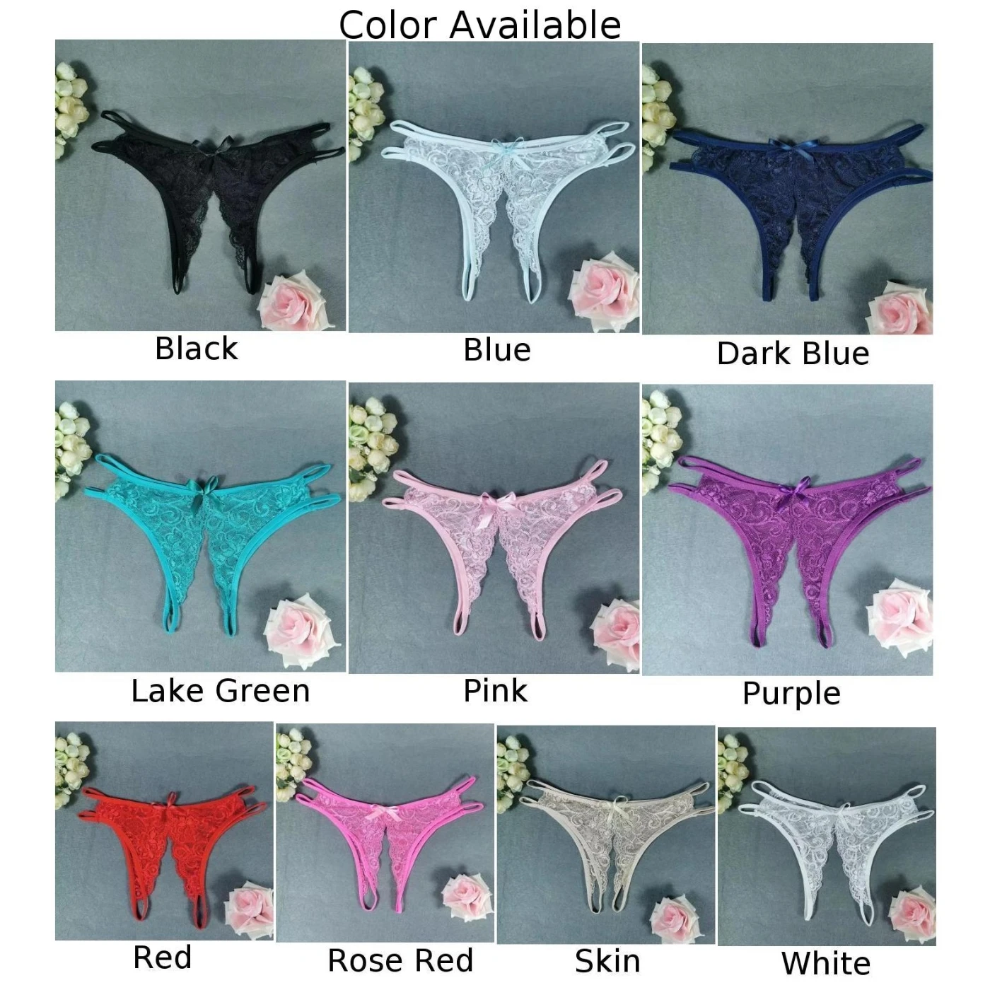 Calcinha sexy de renda para mulheres, roupa interior crotchless, tangas florais bordadas, lingerie, fio dental, franja aberta pura, cuecas com cordão em T