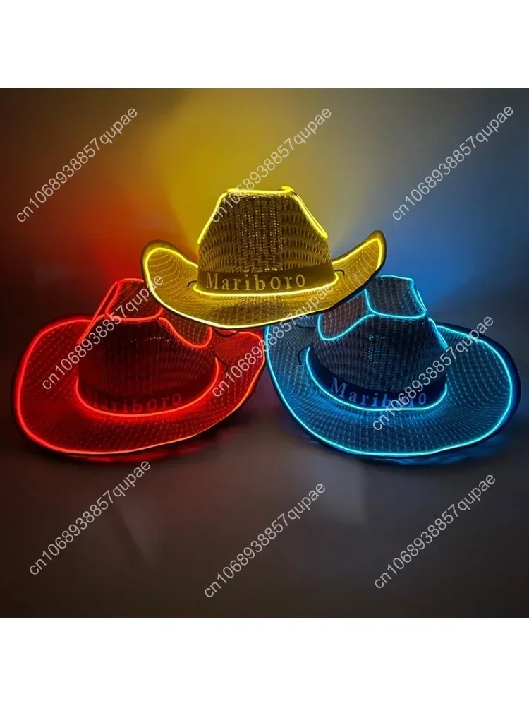 

Western Knight Hat Men and Women LED Straw Cap Luminous Cowboy Cap Summer Prairie Sun Hat Large Brim Outdoor Performance Hat