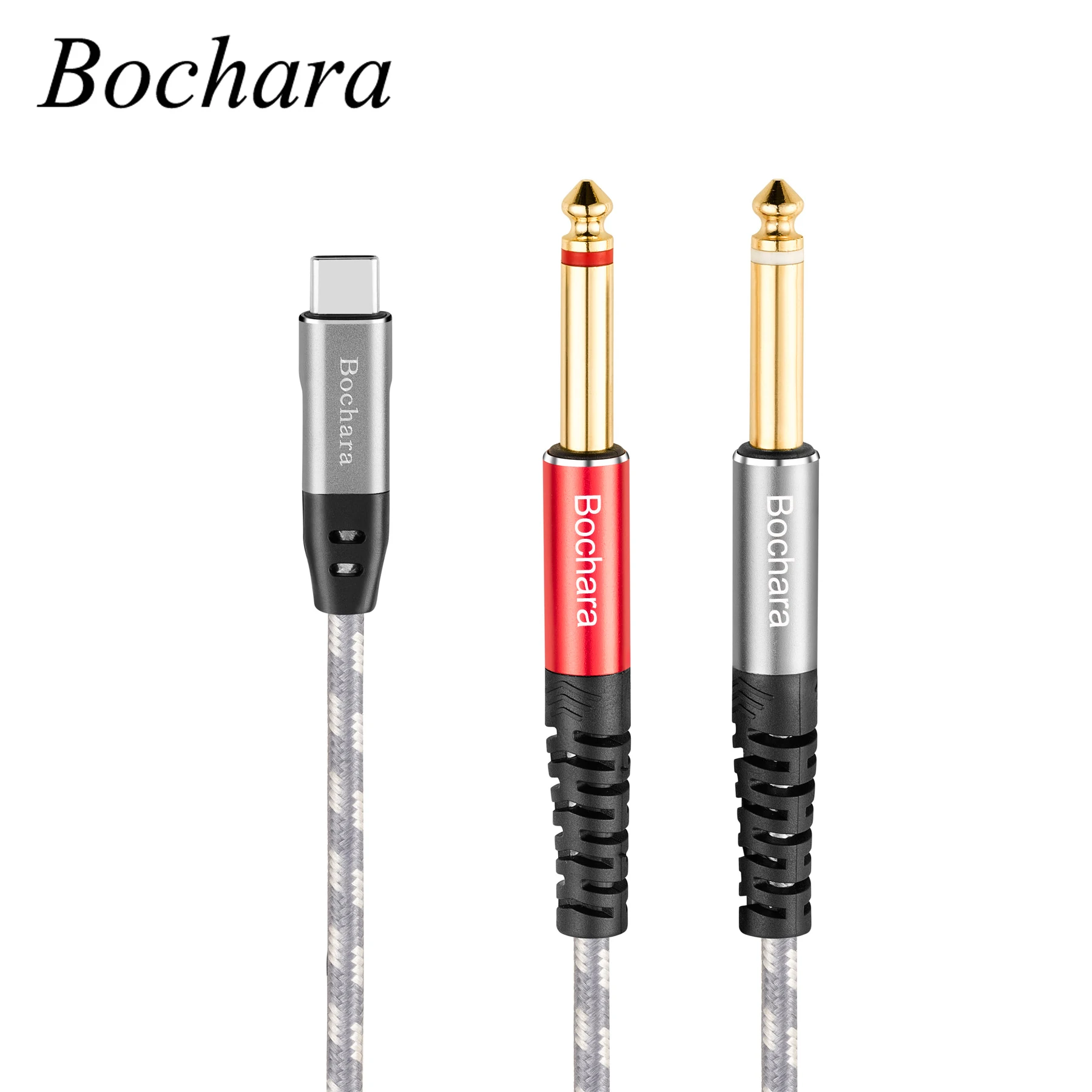 Bochara Braided Type C to Dual TS 6.35mm Jack OFC Audio Output Cable Built-in DAC IC Chipset 24bit@48KHz Foil+Braided Shielded