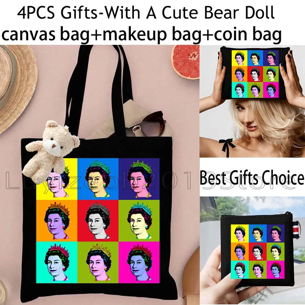 4PCS Black Queen Elizabeth II Portrait England Flag Canvas Tote Bag Handbag,Cosmetic Makeup Bag,Coin Purse Key Bag Wallet Pouch