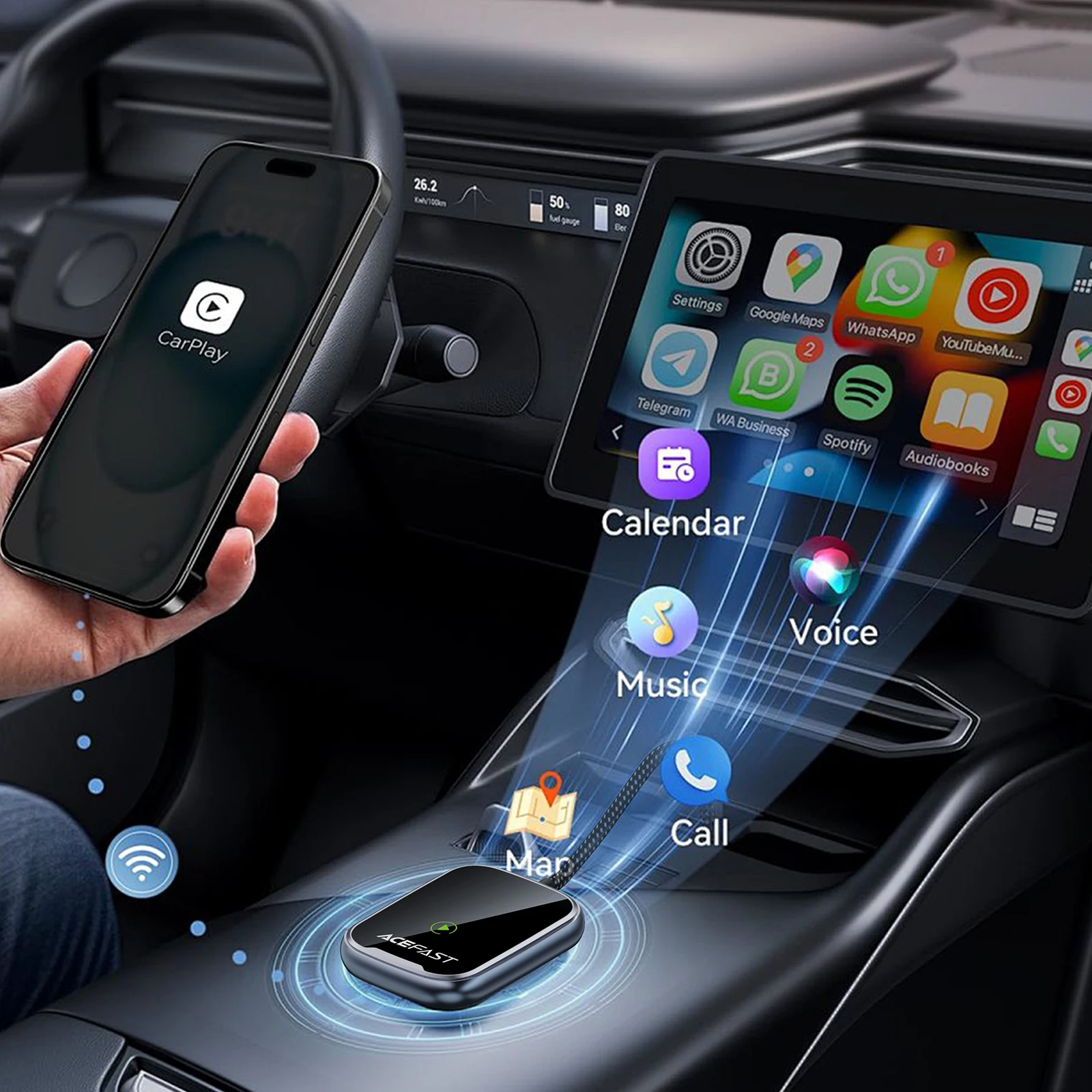 ACEFAST USB C/USB A verkabelt auf kabellosen CarPlay-Adapter Auto Connect für Apple/Android Audio Auto Connect Auto Intelligent Systems – Detail 6