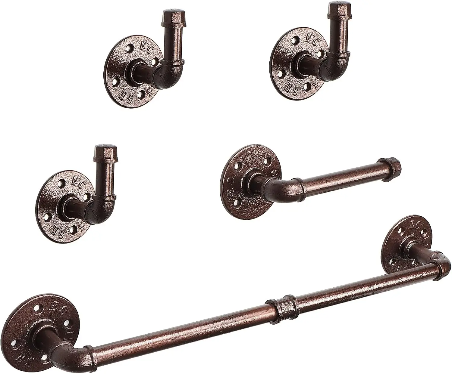 

5-Piece Industrial Pipe Bathroom Set: 18' Towel Bar, TP Holder, 3 Robe Hooks, Rustic Bronze Wall Mount Kit