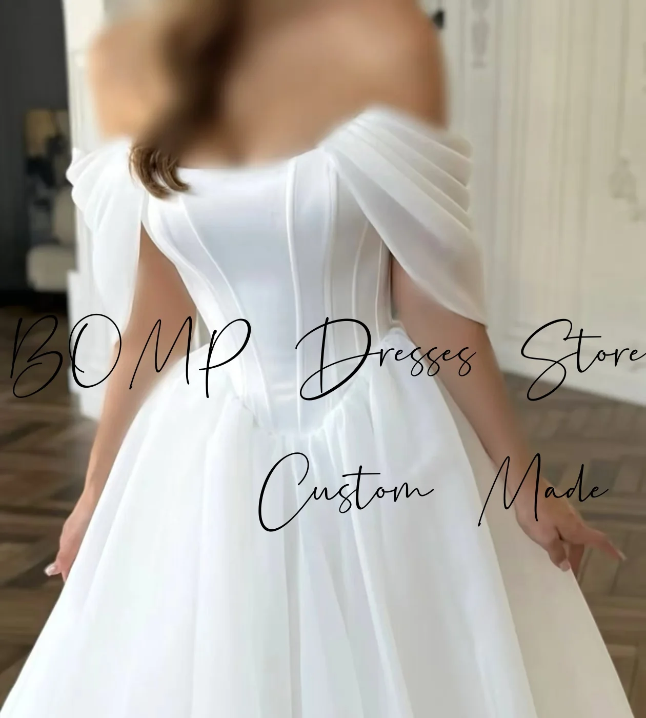 BOMP プリンセスホワイトウェディングドレス恋人オフショルダーコルセットドレープスイープトレインアイボリーオーガンザブライダルドレスカスタマイズされたエレガント