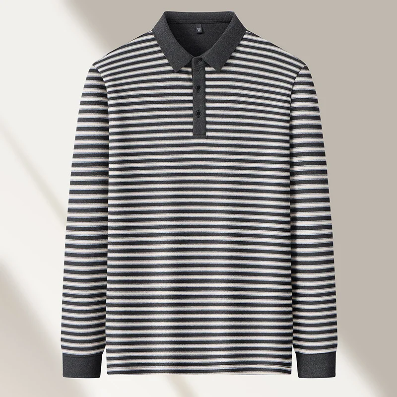 Men's Contrast Collar Striped Long Sleeve Polo Shirt Casual Button Placket Daily Tops