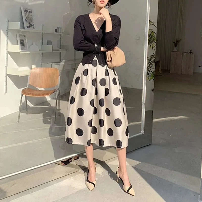 Pocket High-grade Puffy Skirt Womens 2023 Spring New High Waist Vintage Round Dot Umbrella Skirt saias Longas Faldas Mujer Mod