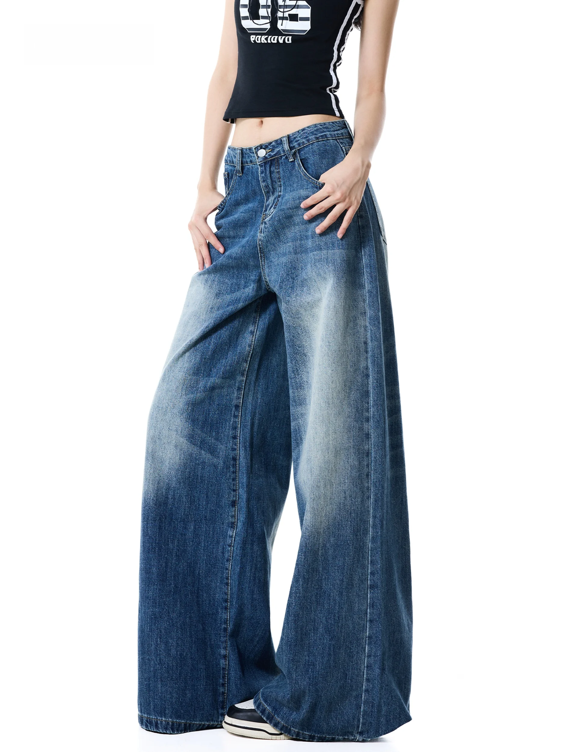 American Style High Waist Wide Leg Jeans Women's Autumn New Washed Faded Slim Long Pants Comfortable Breathable Commute
